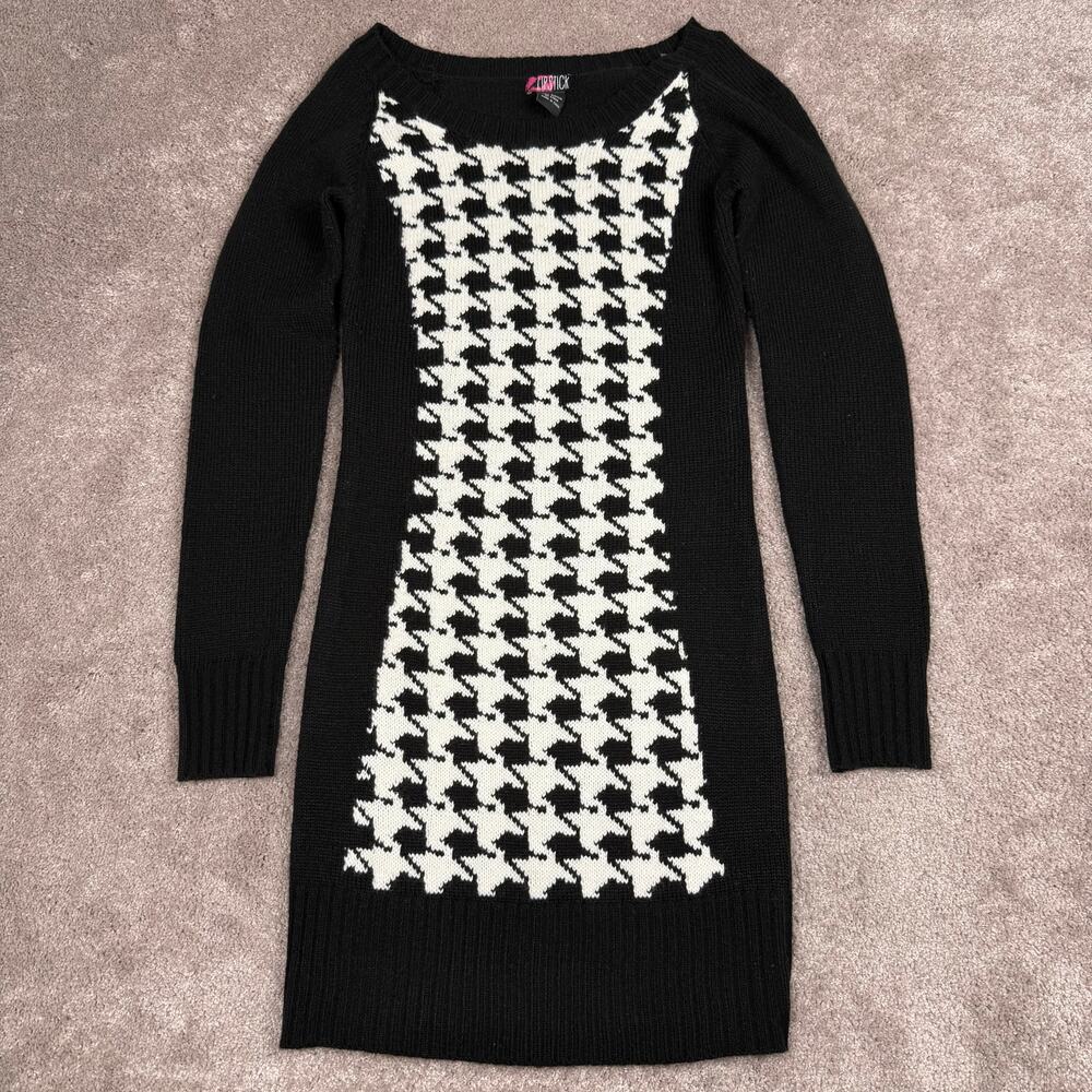 Knit Black White Houndstooth Sweater Dress Size S Tunic Mini Mod Retro